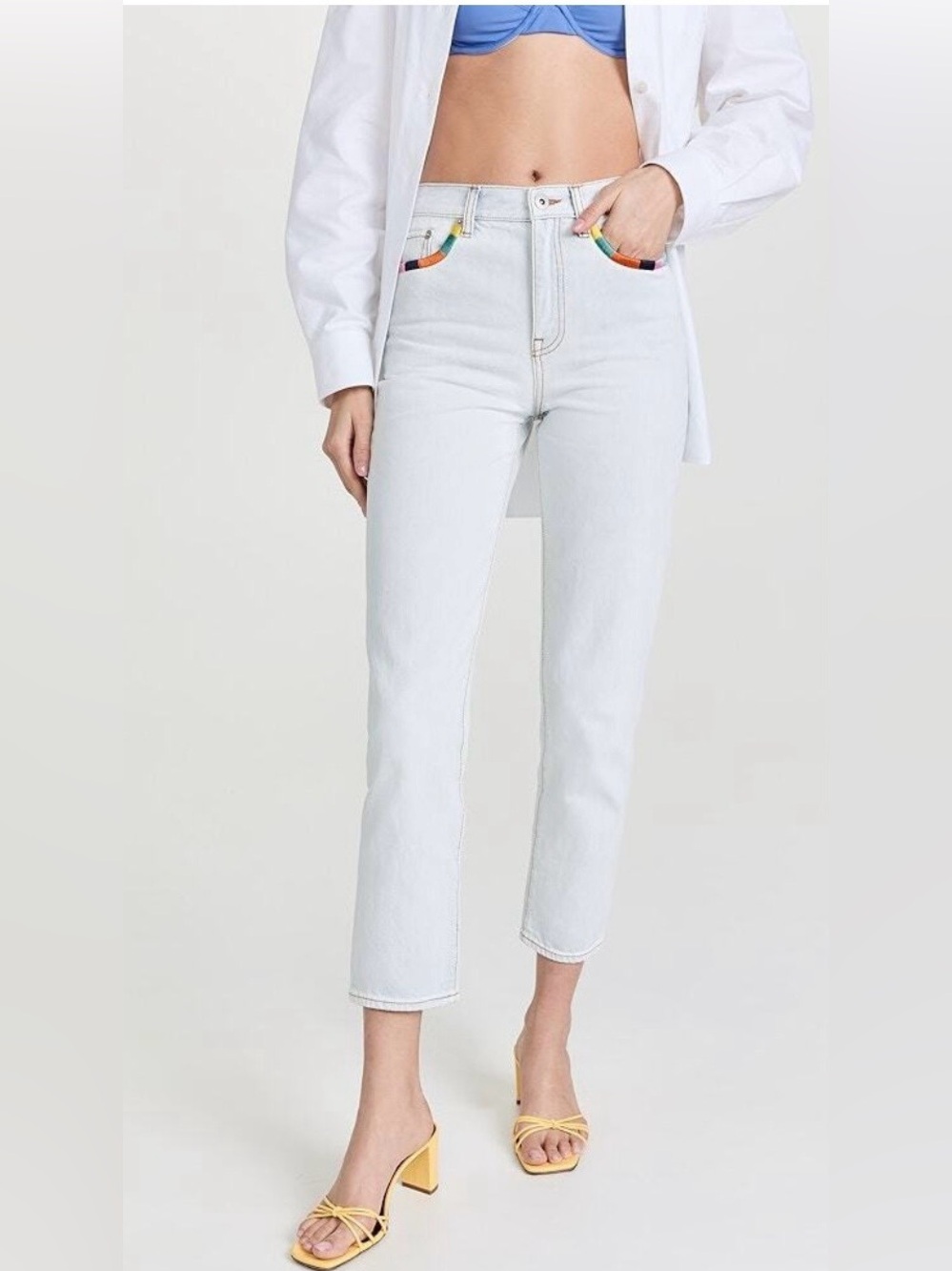 Something Navy Light Wash Ankle Jeans with Rainbow Pocket Trim